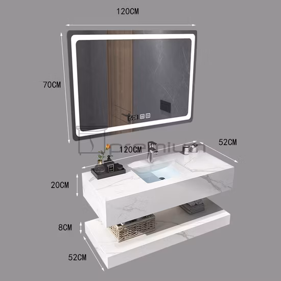 Sp-8398wg Moderner Lauren Weißgold-Badezimmer-Waschtisch aus gesintertem Stein, intelligenter LED-Spiegel-Badezimmerschrank