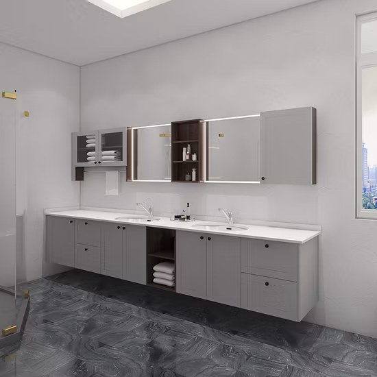 Modernes Haus-Hotel-Wandwaschbecken-Schränke-Design, maßgeschneiderte Größe, wandmontierter PVC-Badezimmer-Waschtischschrank mit Spiegel