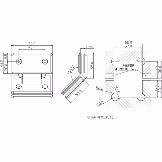 135-Grad-Badezimmerbeschläge aus Messing mit verstellbarem Scharnier