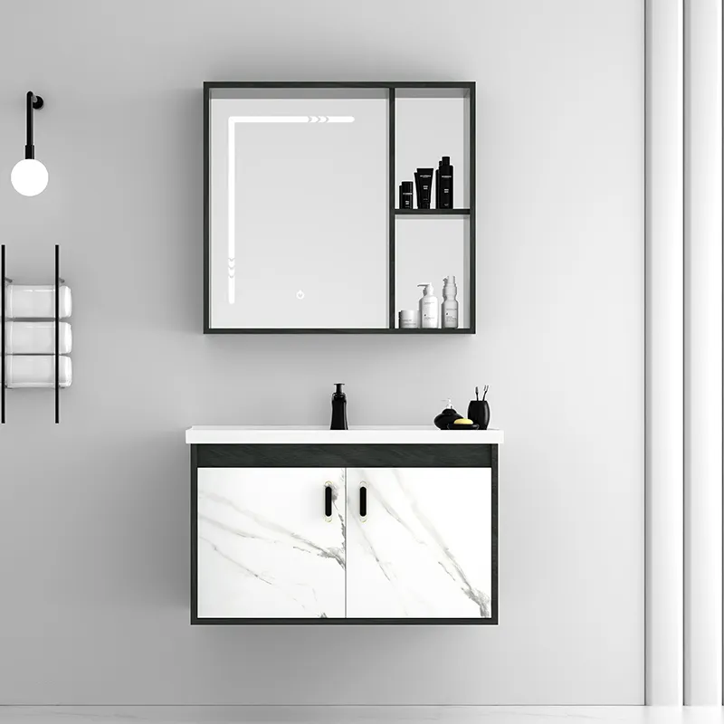 500 mm kleiner Badezimmer-Waschtischschrank aus Sperrholz zur Wandmontage mit Spiegelschrank und Einzelwaschbecken