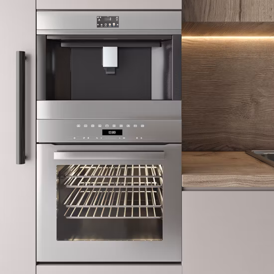 Moderner Küchenschrank, weiß glänzend und laminierter Küchenschrank mit Holzmaserung, neue Mode 2023